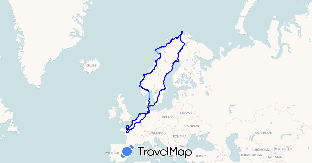 TravelMap itinerary: driving, boat, moto in Belgium, Germany, Denmark, Finland, France, Netherlands, Norway, Sweden (Europe)